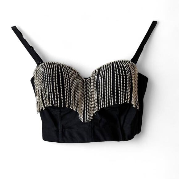 Rhinestone Fringe Corset Top – Black (Approx. Size M) - Picture 1 of 5